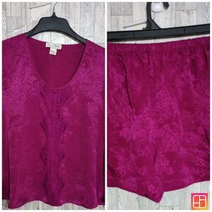 Vintage Val Mode Satin Lingerie Set Top Shorts Floral Fuschia 90's Y2K Sz Large